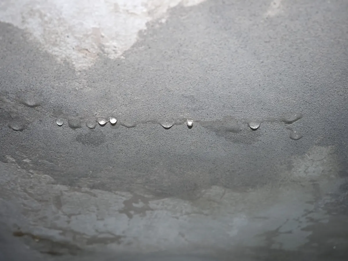 Moisture and water droplets spreading across a ceiling from a clogged AC condensate line