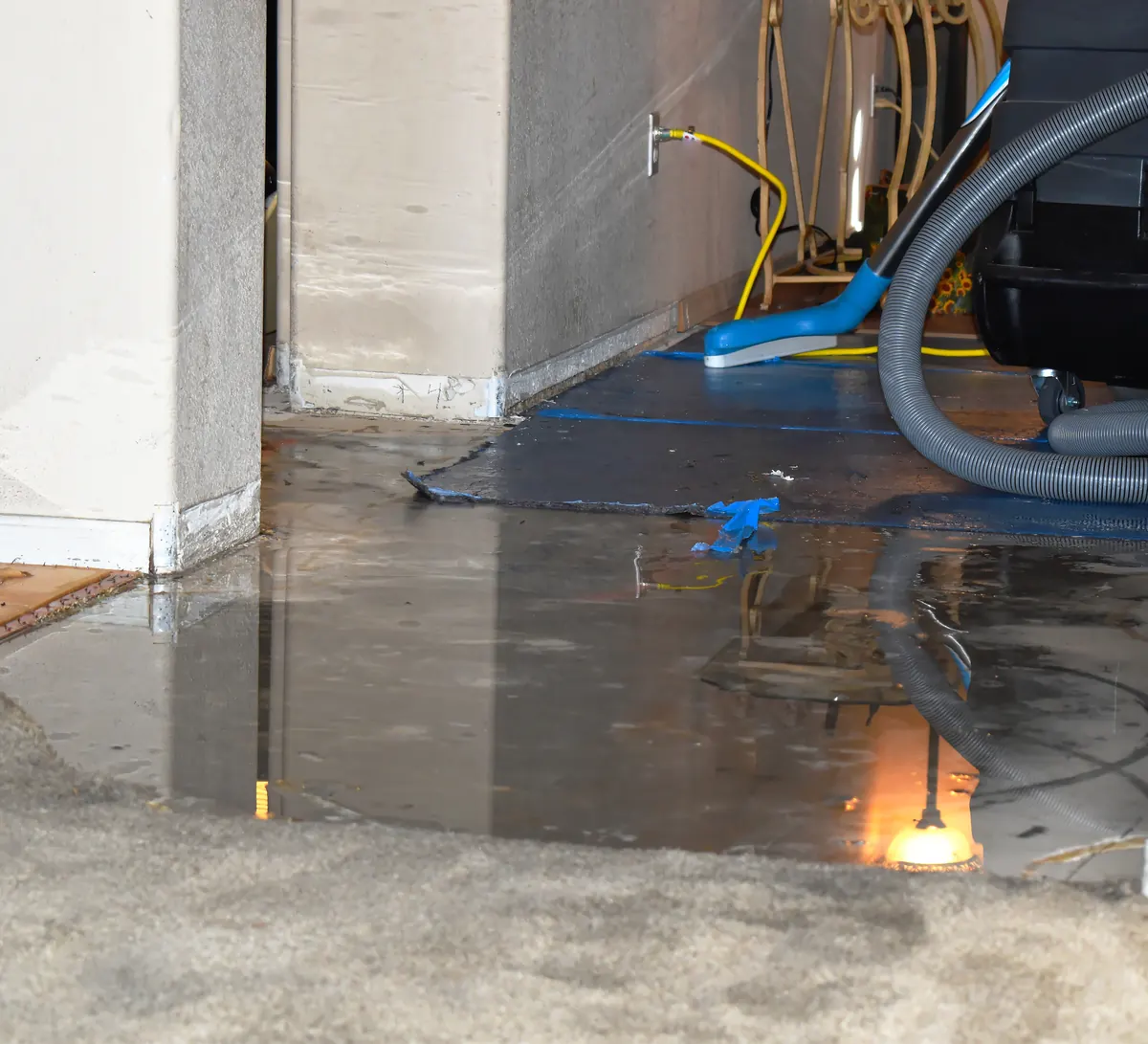Water extraction and drying equipment staged on a flooded concrete floor during cleanup