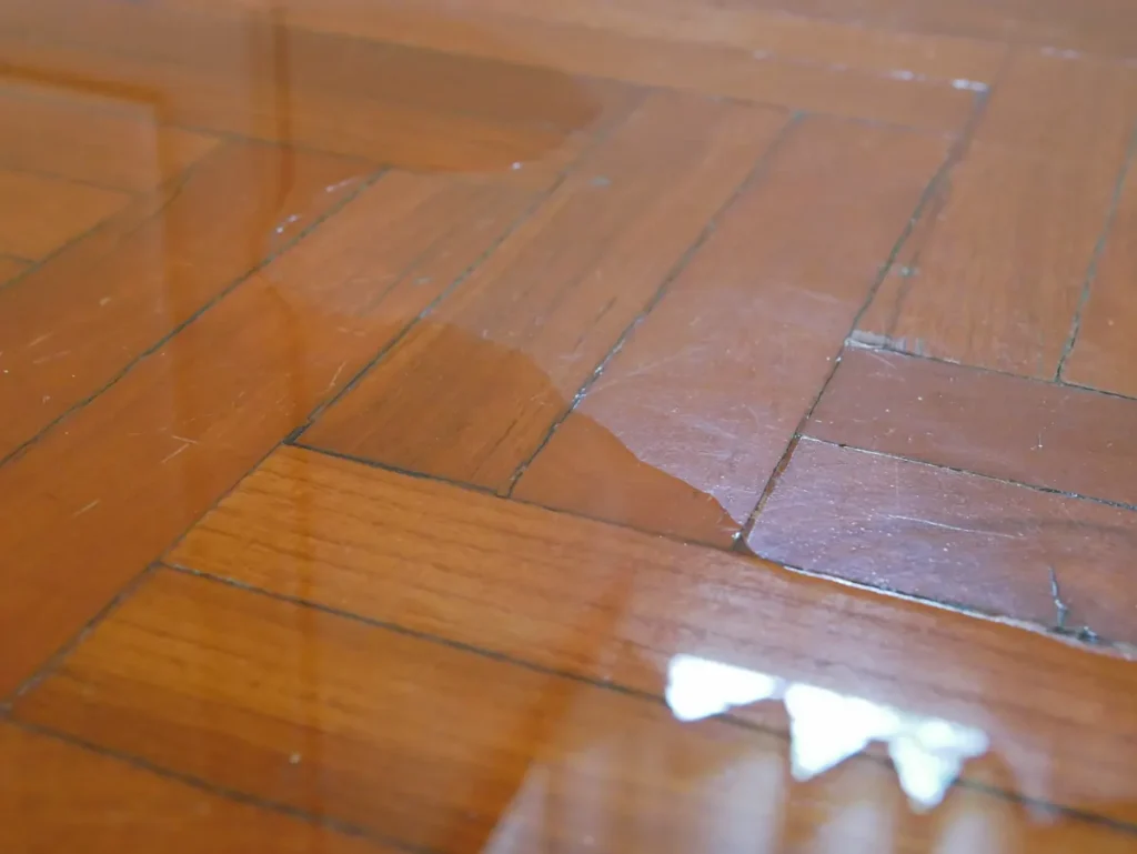 Standing water spreading across a Tucson home's wood floor after a plumbing leak in Avra Valley, AZ