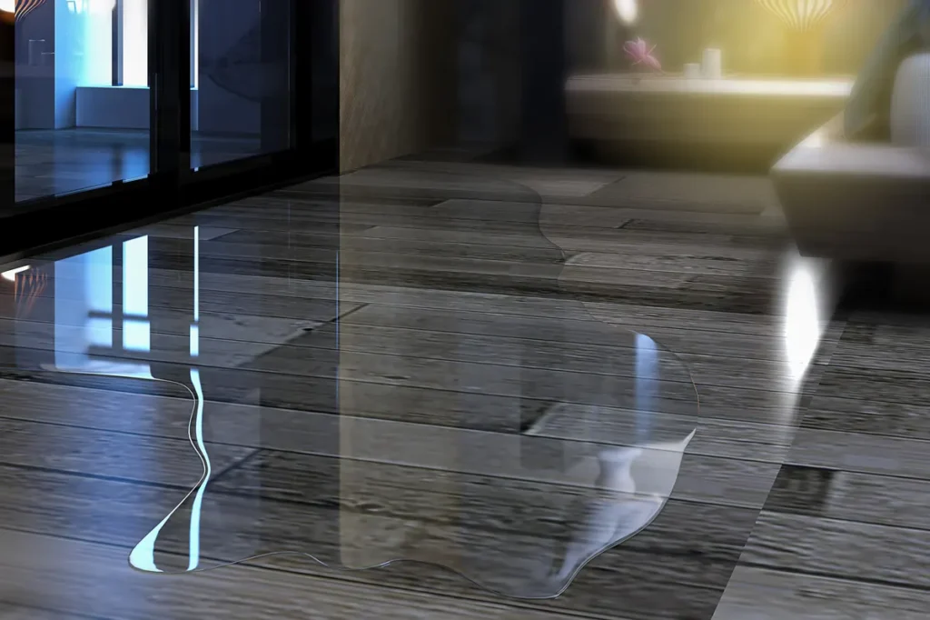 Water pooling across a parquet wood floor before mitigation and structural drying in Drexel Heights, AZ