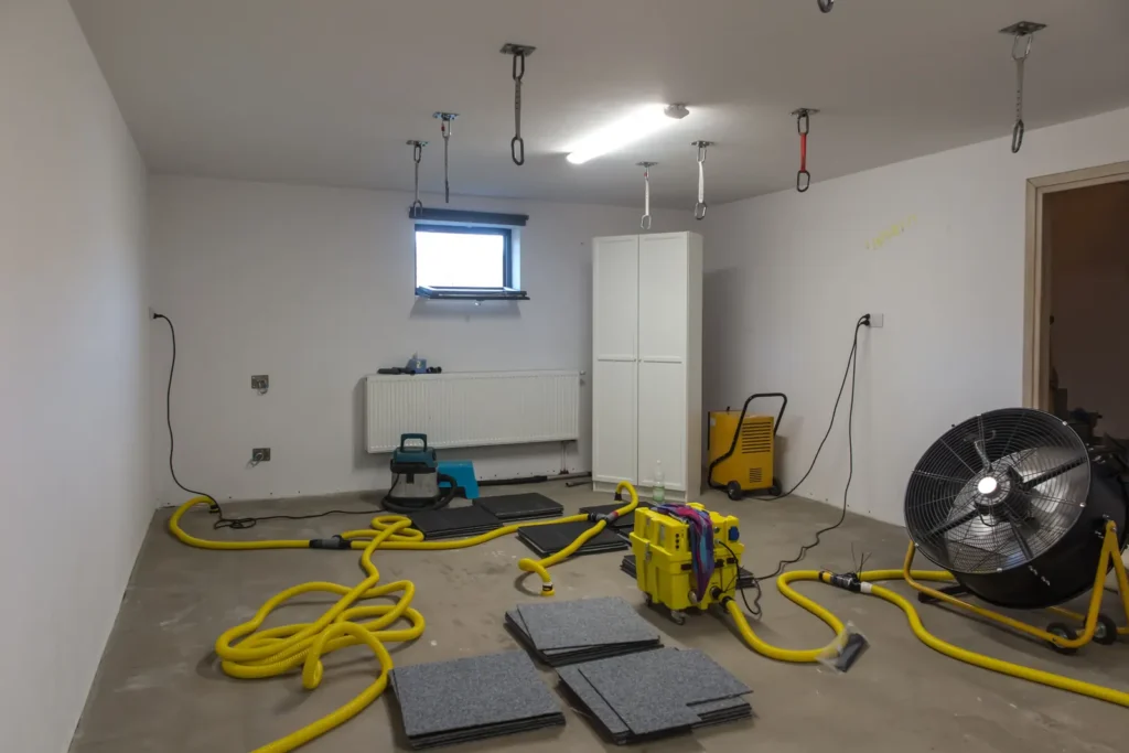 Concrete floor drying under a protective covering after water intrusion, the structural drying stage of commercial water damage restoration in Tucson