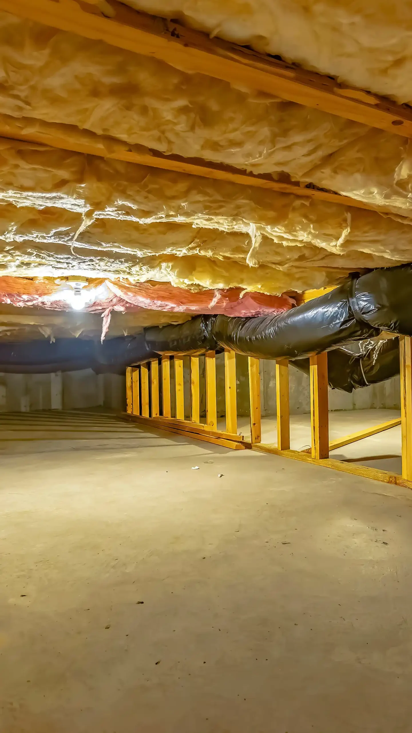 Crawl space beneath a home showing floor insulation and wooden support beams, the confined area crawlspace mold remediation in Tucson works in