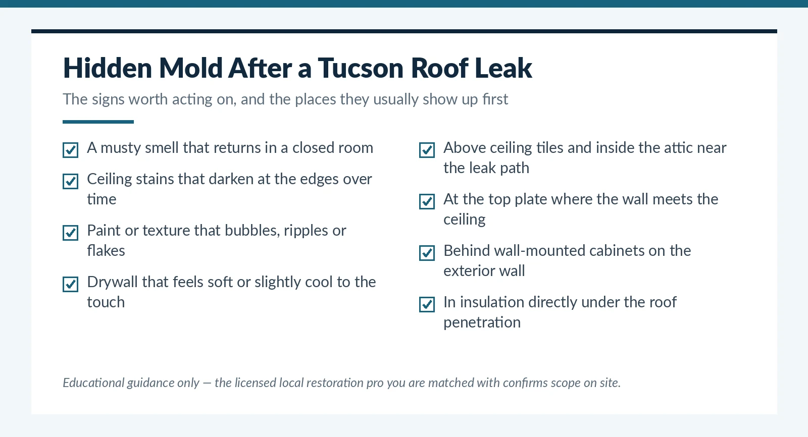 Signs of hidden mold after a roof leak in a Tucson, AZ home and where to look for it