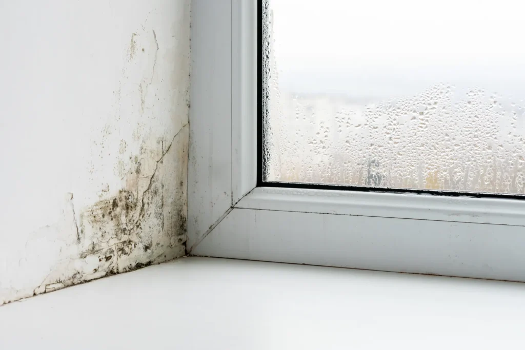Mold growing in the corner seals of a window, where condensation feeds growth in Casas Adobes homes after humid monsoon weeks