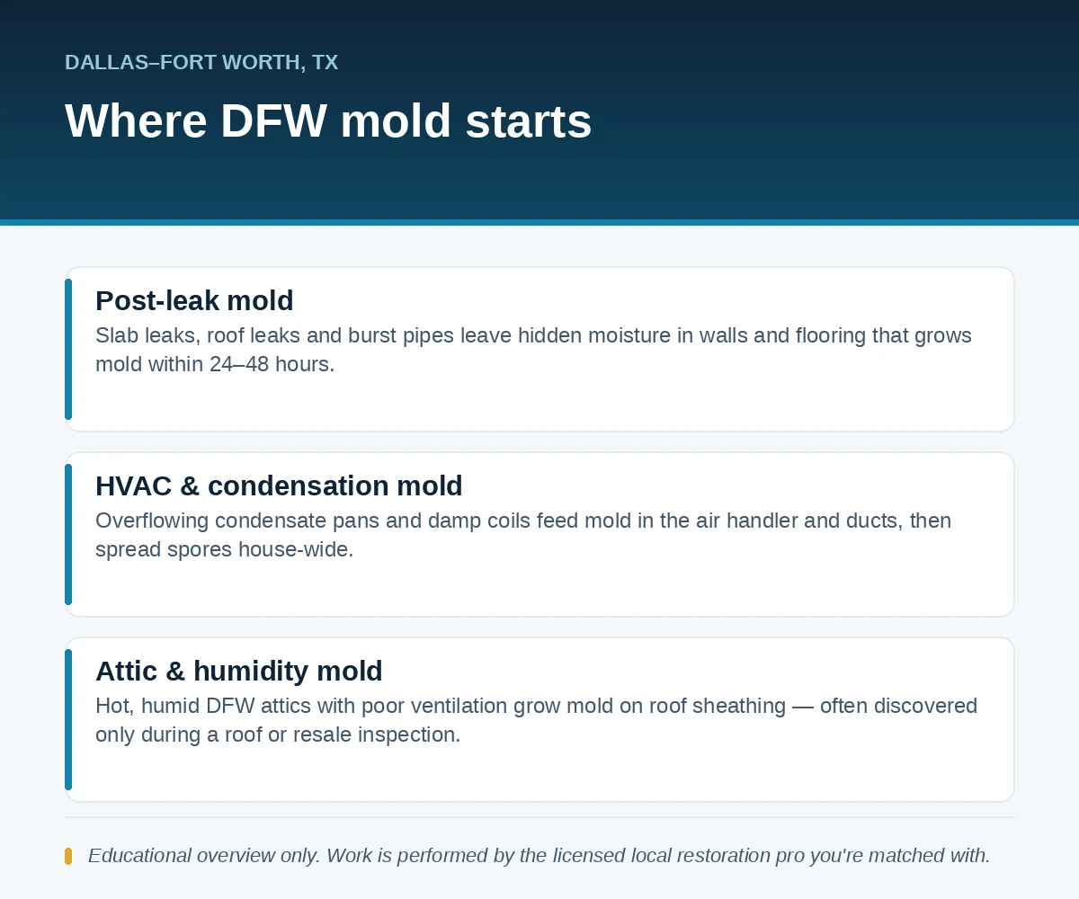 Editorial panel showing where Dallas-Fort Worth, TX mold starts: post-leak moisture, HVAC condensation and hot humid attics