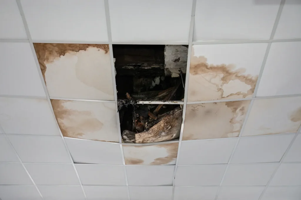 Ceiling damaged by trapped moisture with discoloration and peeling, the pre-mold warning stage Drexel Heights homes show after roof or pipe leaks