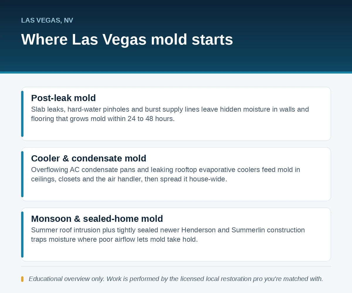 Editorial panel showing where Las Vegas, NV mold starts: post-leak moisture, cooler and condensate overflow and monsoon intrusion in sealed homes