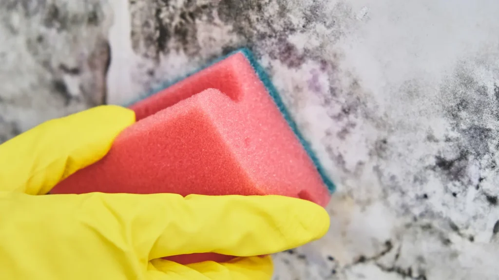 Homeowner discovering a spreading mold patch on a wall, the moment that usually leads to professional mold testing and inspection in Tucson