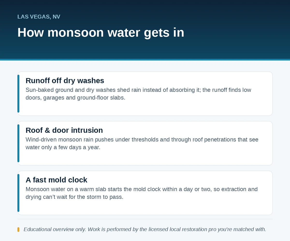 Editorial panel showing how monsoon and flash-flood water enters Las Vegas, NV homes: runoff off dry washes, roof and door intrusion and a fast mold clock