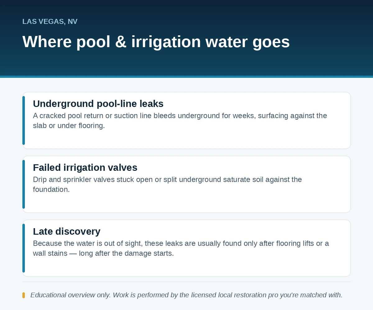 Editorial panel showing where Las Vegas, NV pool and irrigation leak water goes: underground pool-line leaks, failed irrigation valves and late discovery