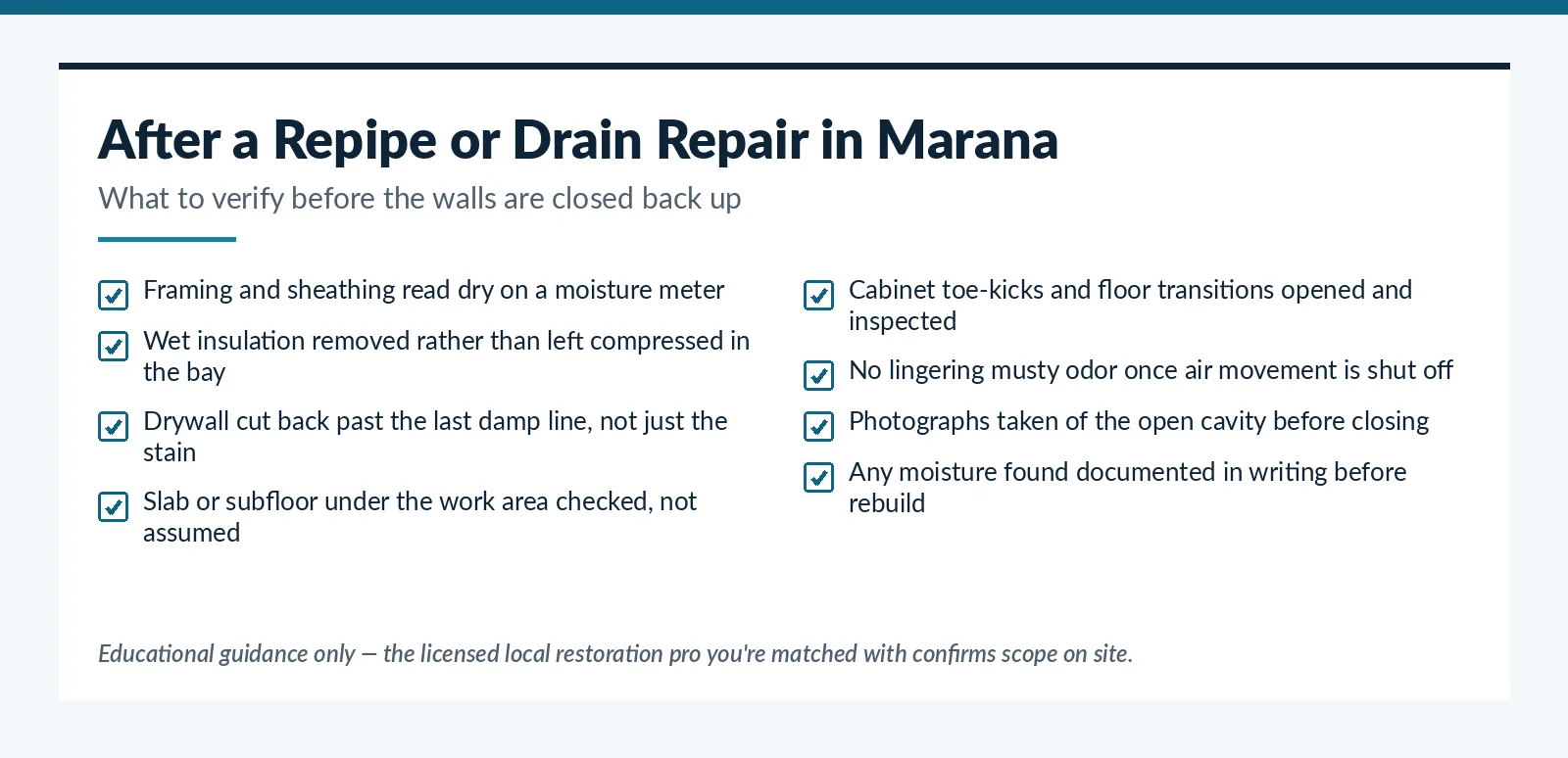Post-repipe and drain repair moisture checklist for Marana, AZ homes