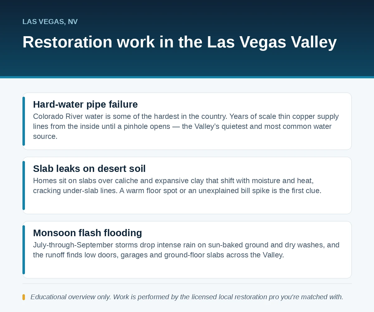 Editorial panel outlining restoration work in the Las Vegas Valley, NV: hard-water pipe failure, slab leaks on desert soil and monsoon flash flooding