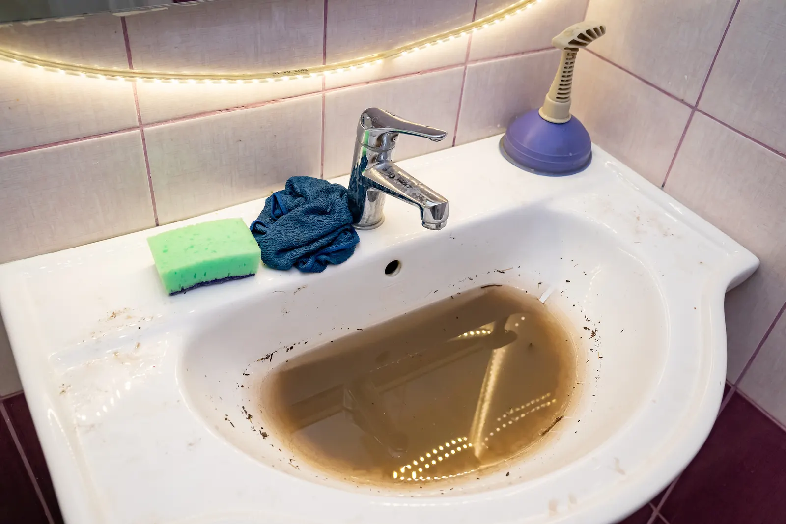 Dirty water backing up into a sink from a blocked sewer line in a Corona de Tucson, AZ home