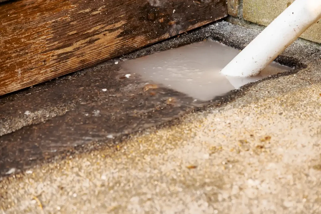Dirty wastewater flowing across a home's concrete yard from a blocked line, the overflow scenario sewage backup cleanup in Oro Valley responds to