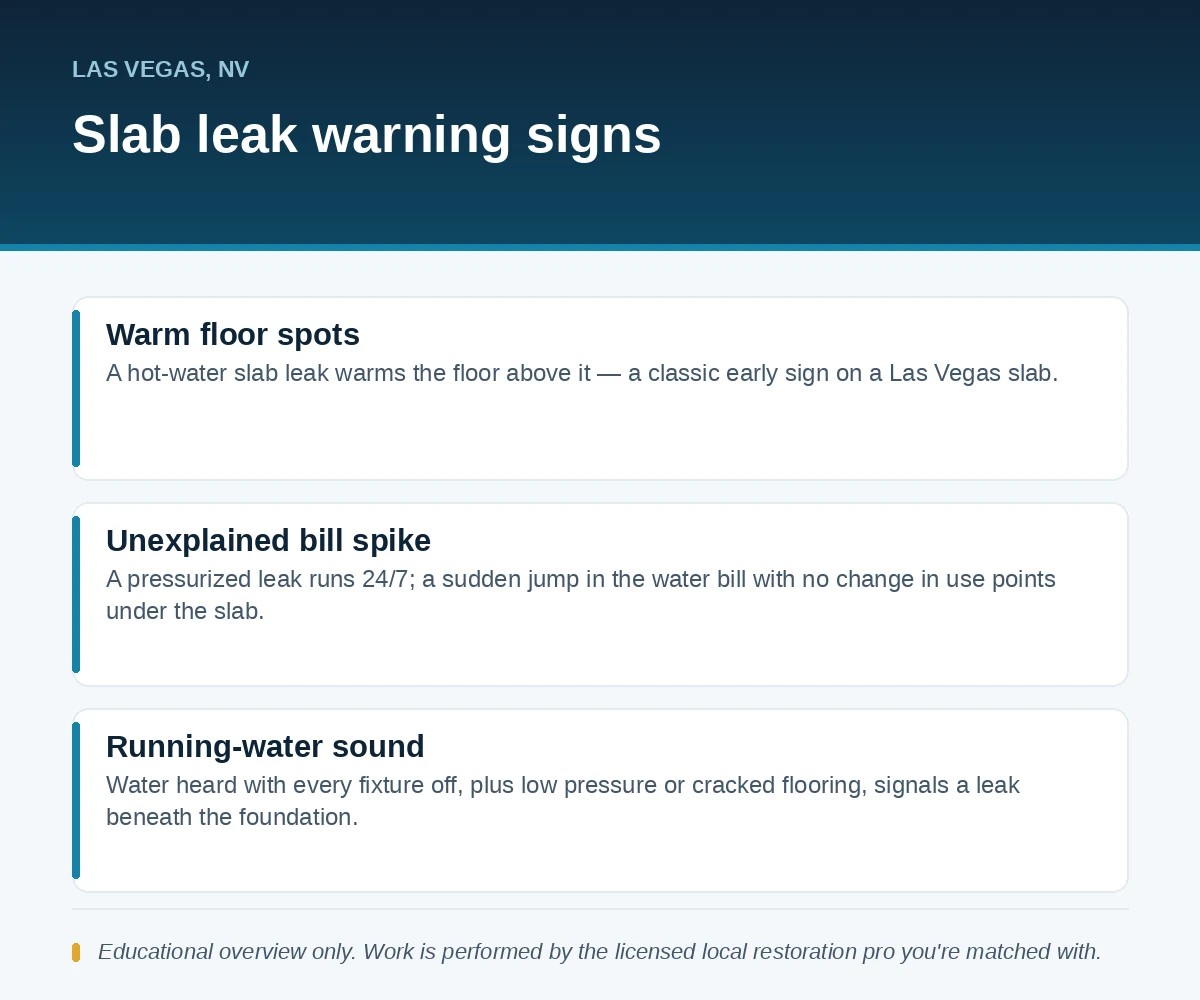 Editorial panel showing Las Vegas, NV slab leak warning signs: warm floor spots, unexplained water bill spikes and running-water sound with fixtures off
