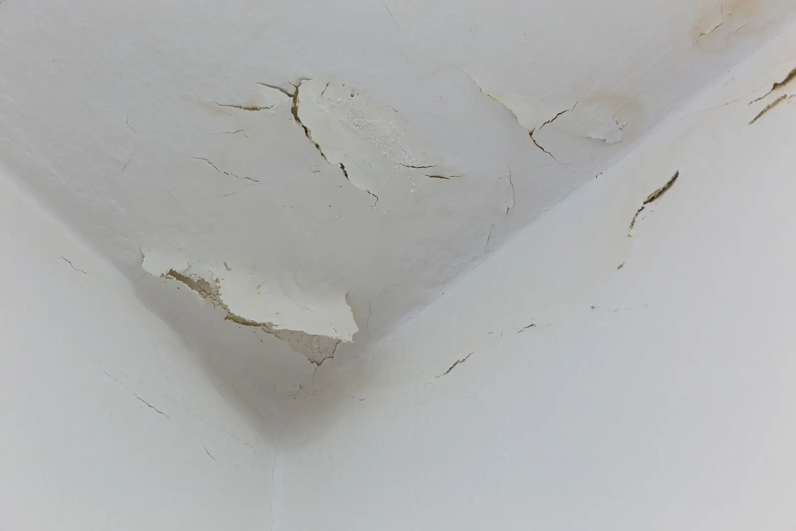 Peeling ceiling paint from long-term swamp cooler water infiltration in a Flowing Wells, AZ home