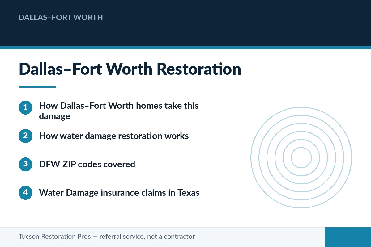 Editorial panel summarising water damage restoration in Dallas–Fort Worth — how homes take this damage, how the restoration process works, and how insurance claims proceed in Texas, for homeowners matched with a licensed local restoration pro.