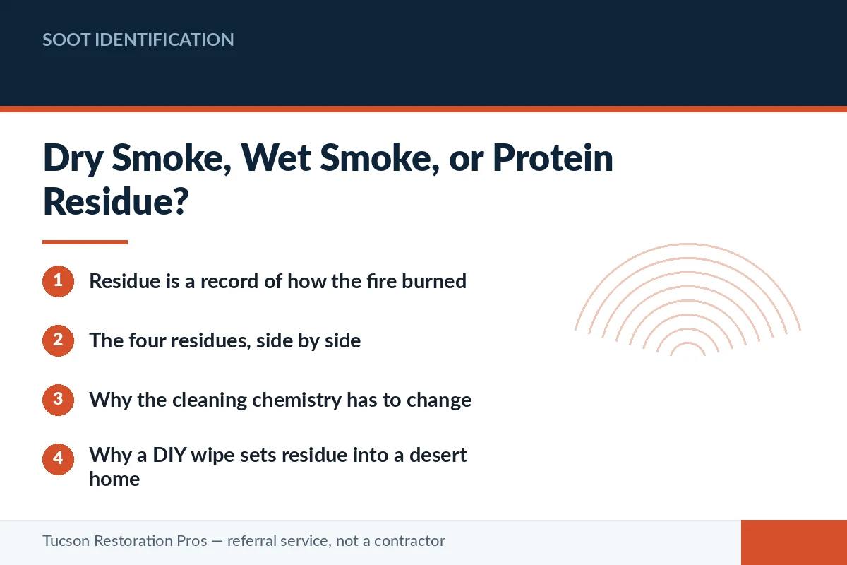 Editorial panel comparing dry smoke, wet smoke and protein residue soot types found in Tucson, Arizona homes and why each needs different cleaning chemistry.