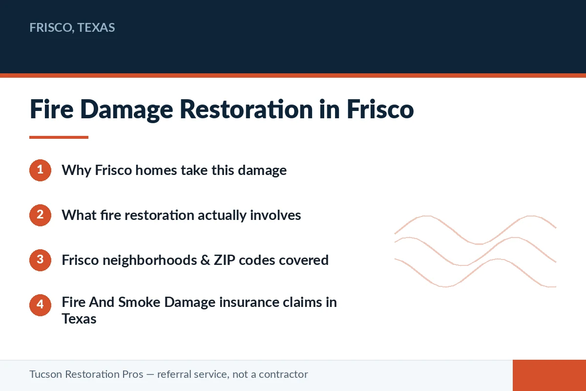 Editorial panel summarising fire and smoke damage restoration in Frisco, Texas — how homes take this damage, how the restoration process works, and how insurance claims proceed in Texas, for homeowners matched with a licensed local restoration pro.