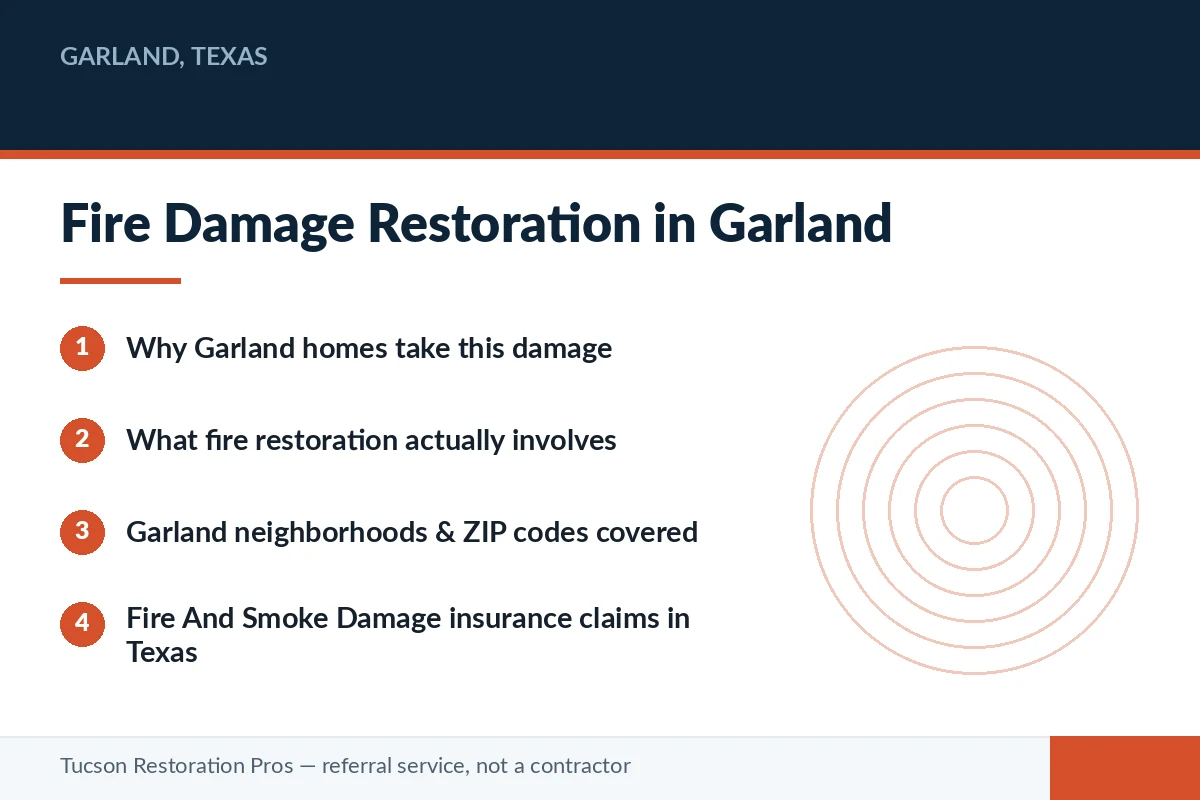 Editorial panel summarising fire and smoke damage restoration in Garland, Texas — how homes take this damage, how the restoration process works, and how insurance claims proceed in Texas, for homeowners matched with a licensed local restoration pro.