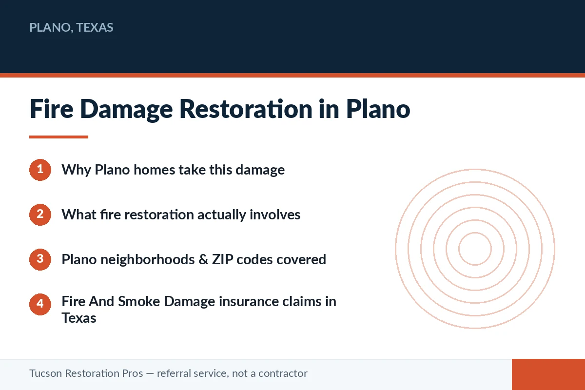 Editorial panel summarising fire and smoke damage restoration in Plano, Texas — how homes take this damage, how the restoration process works, and how insurance claims proceed in Texas, for homeowners matched with a licensed local restoration pro.