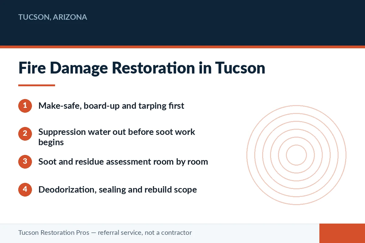 Editorial panel outlining the fire damage restoration scope in Tucson, Arizona — make-safe, water extraction, soot assessment and deodorization by the licensed local restoration pro you are matched with.