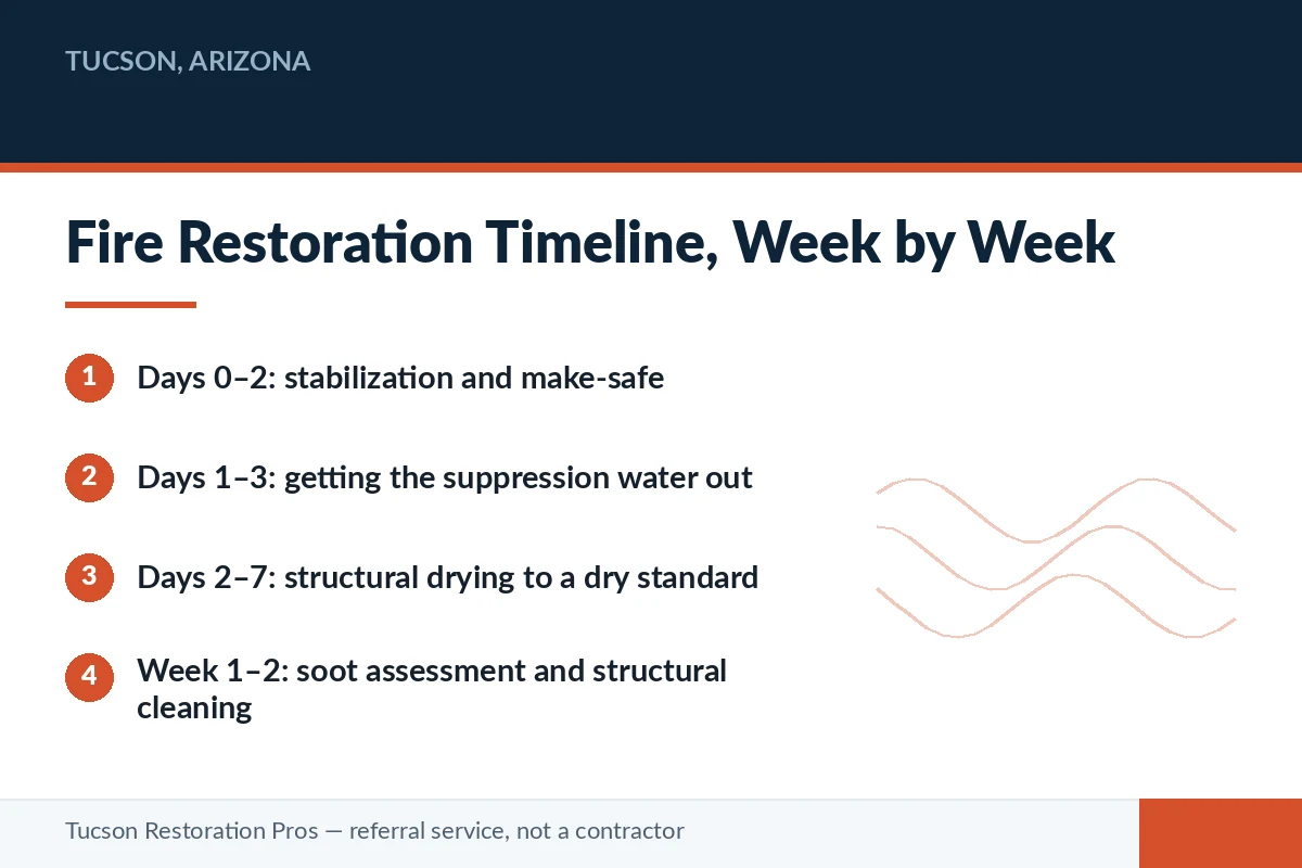 Editorial panel charting the phased fire restoration timeline in Tucson, Arizona — stabilization, water extraction, structural drying and soot cleaning by the licensed local restoration pro you are matched with.