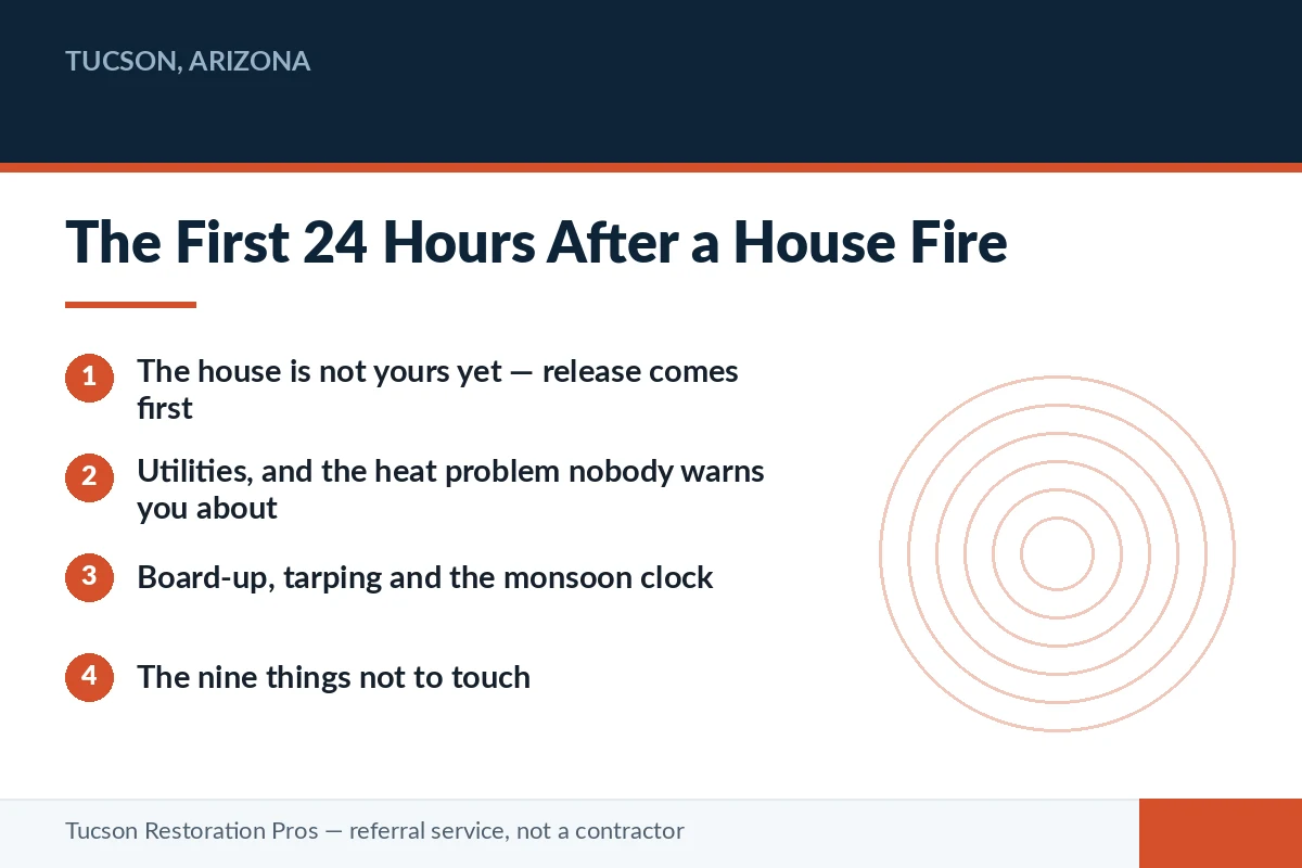 Editorial panel outlining the first 24 hours after a house fire in Tucson, Arizona — scene release, utilities, board-up and items not to touch before the licensed local restoration pro you are matched with arrives.