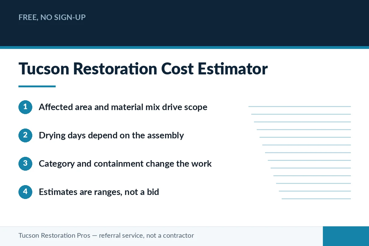 Preview panel for the Tucson restoration cost estimator showing the scope factors it weighs — affected area, materials, drying days and containment.