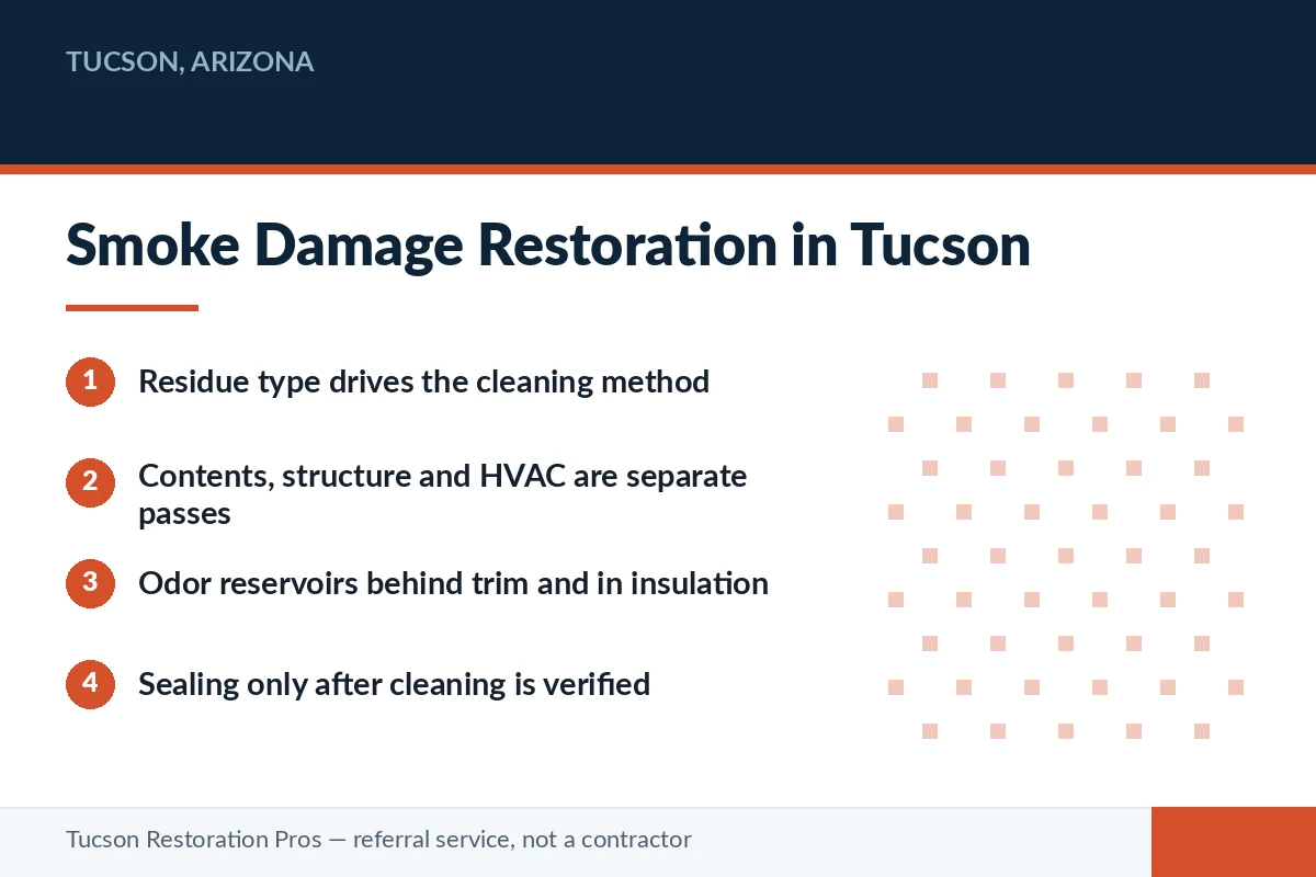 Editorial panel describing smoke damage restoration in Tucson, Arizona โ residue typing, separate contents and HVAC passes, odor reservoirs and verified sealing.