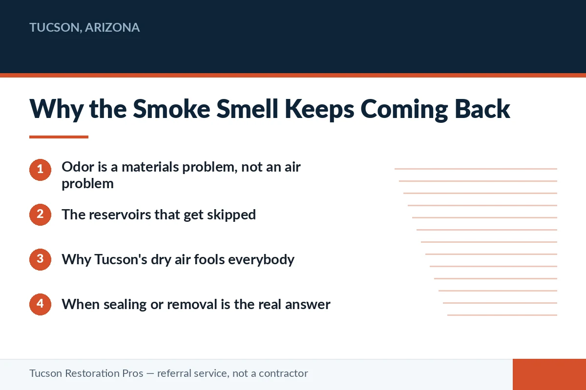 Editorial panel showing why smoke odor returns in Tucson, Arizona homes — hidden material reservoirs, dry desert air and when sealing or removal is required.