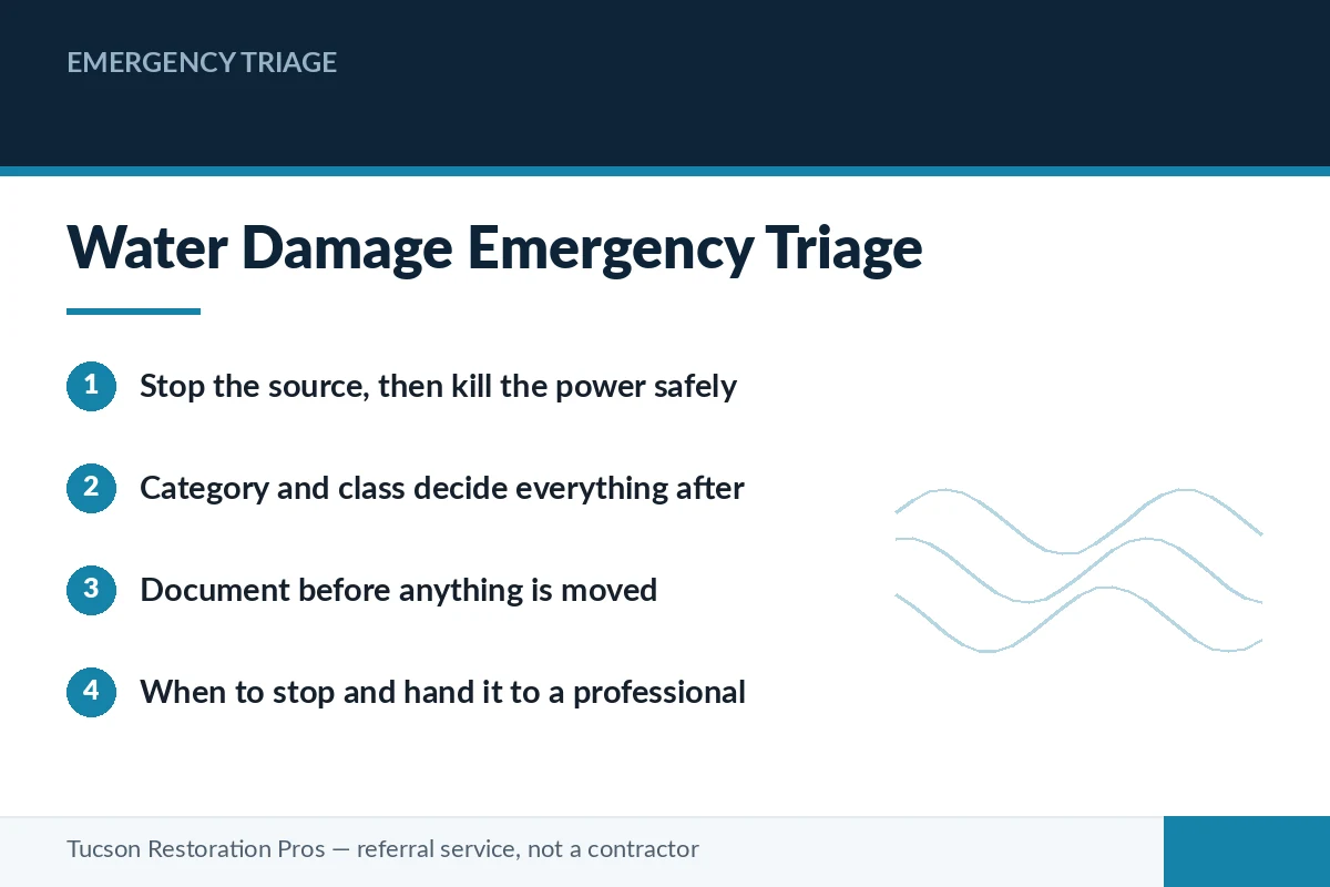 Editorial panel showing water damage emergency triage steps for Tucson, Arizona homeowners โ stopping the source, categorising the loss and documenting before cleanup.