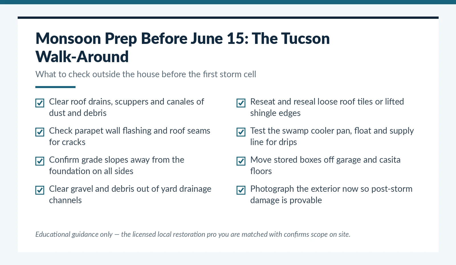 Pre-monsoon walk-around checklist for Tucson, AZ homeowners before June 15