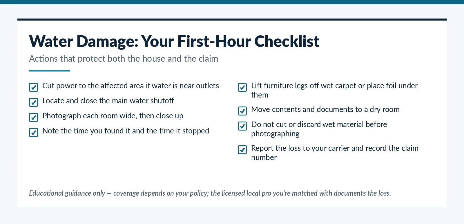 First-hour homeowner action checklist after water damage in Tucson, AZ