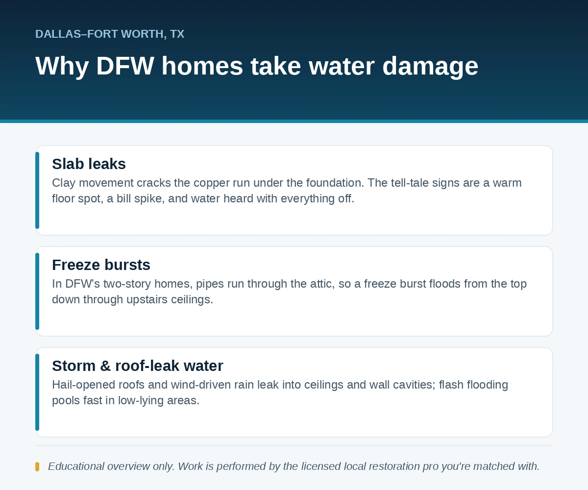 Editorial panel showing why Dallas-Fort Worth, TX homes take water damage: slab leaks from clay movement, attic freeze bursts and storm roof leaks