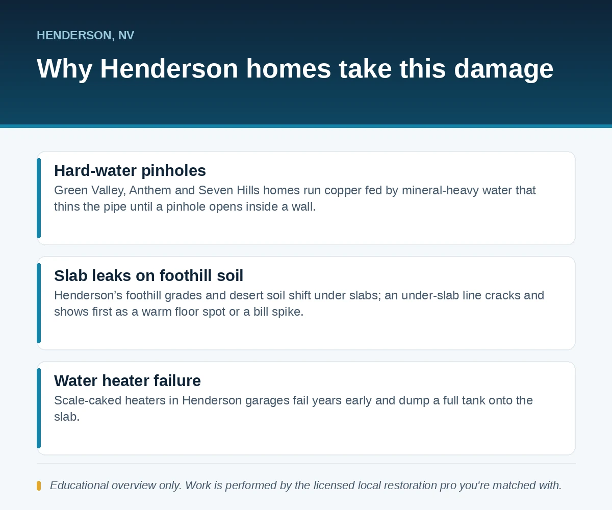Editorial panel showing why Henderson, NV homes take water damage: hard-water pinholes, slab leaks on foothill soil and water heater failure