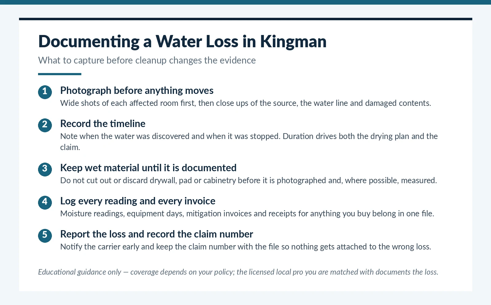 How to document a water damage loss in a Kingman, AZ home for an insurance claim