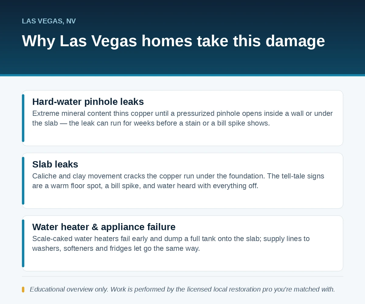 Editorial panel showing why Las Vegas, NV homes take water damage: hard-water pinhole leaks, slab leaks on caliche and water heater or appliance failure