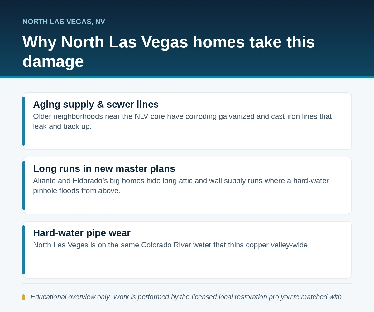 Editorial panel showing why North Las Vegas, NV homes take water damage: aging supply and sewer lines, long runs in new master plans and hard-water pipe wear