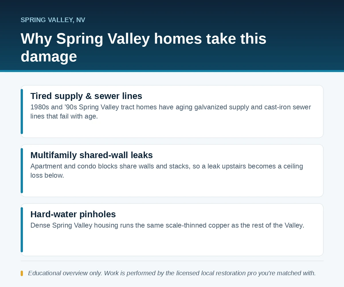 Editorial panel showing why Spring Valley, NV homes take water damage: tired supply and sewer lines, multifamily shared-wall leaks and hard-water pinholes