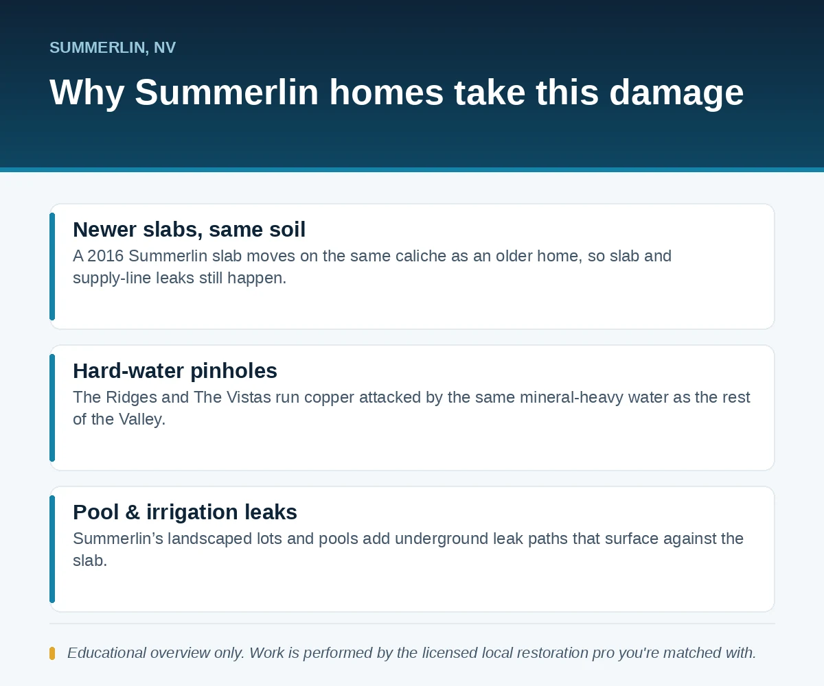 Editorial panel showing why Summerlin, NV homes take water damage: newer slabs on the same caliche soil, hard-water pinholes and pool or irrigation leaks