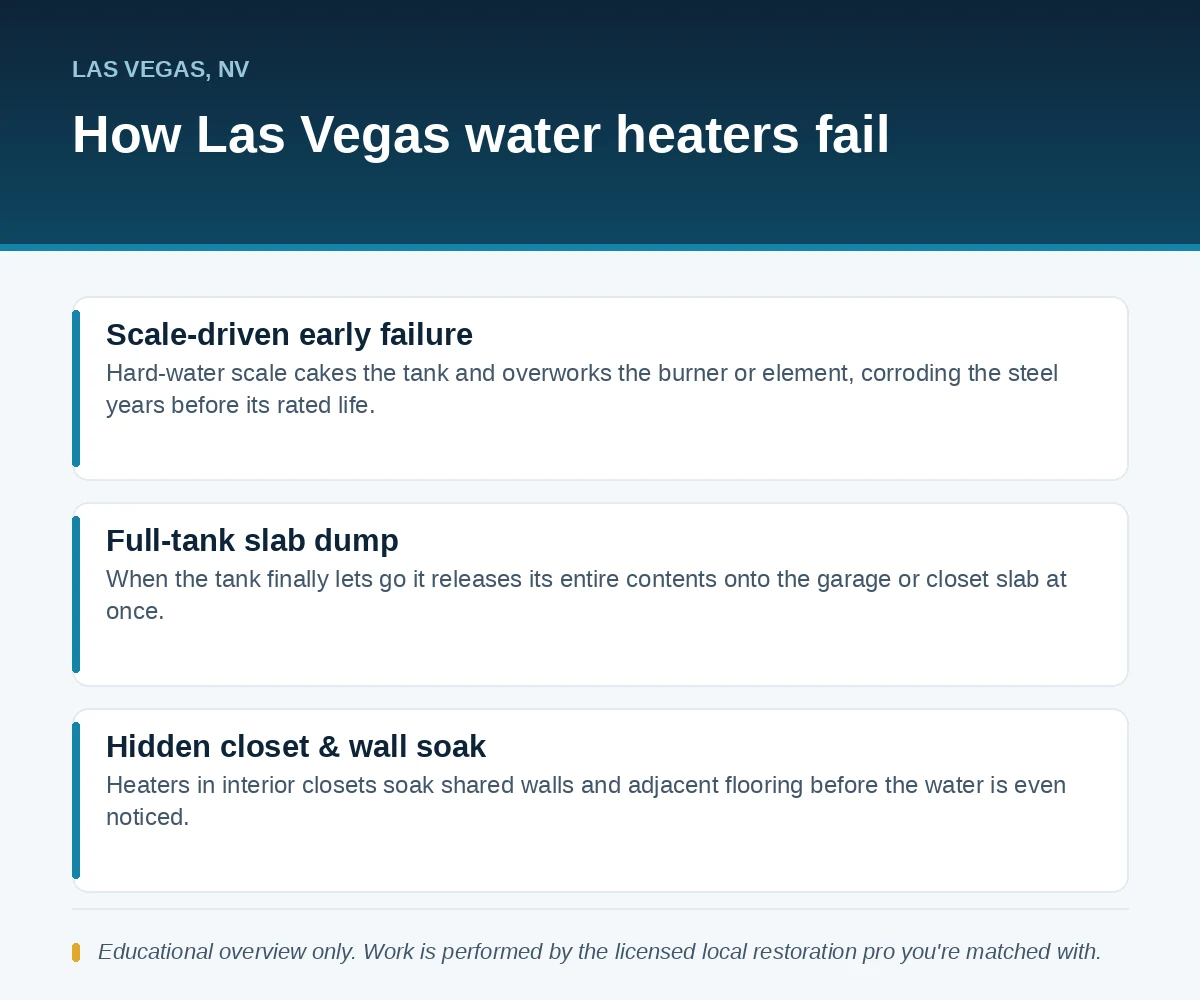 Editorial panel showing how Las Vegas, NV water heaters fail: scale-driven early failure, full-tank slab dumps and hidden closet or wall soak